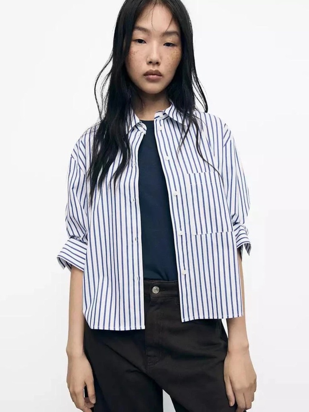 {Mango} Striped Cropped Shirt